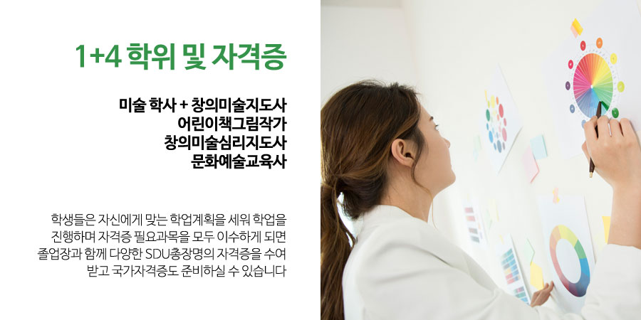 1+4 학위 및 자격증
									미술 학사 + 창의미술지도사
									어린이책그림작가
									창의미술심리지도사
									문화예술교육사
									학생들은 자신에게 맞는 학업계획을 세워 학업을 진행하며 자격증 필요과목을 모두 이수하게 되면 졸업장과 함께 다양한 SDU총장명의 자격증을 수여 받고 국가자격증도 준비하실 수 있습니다